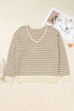 Khaki Stripe Plus Size V Neck Drop Shoulder Sweater