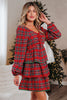 Red Plaid Print Ricrac Tiered Bubble Sleeve Mini Dress