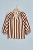 Brown Stripe V Neck Half Sleeve Casual Blouse