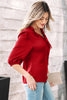 Fiery Red Solid Color Frilled V Neck Bow Detail 3/4 Sleeve Blouse
