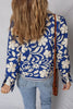 Blue Flower Print Open Front Buttoned Cuffs Elegant Jacket