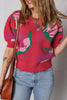 Red Floral Abstract Print Short Puff Sleeve Sweater