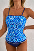 Navy Blue Abstract Print Frilled Trim Spaghetti Straps Tankini Set