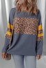Dark Blue Leopard Colorblock Patchwork Long Sleeve Drop Shoulder Top