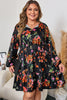 Black Plus Size Floral Print Tie Neck Cinched Waist Long Sleeve Mini Dress