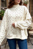 Beige Ribbed High Neck Patchwork Floral Print Baggy Pullover Sweatshirt