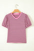 Rose Stripe Striped V-Neck Ribbed Collar Cuff Gathering Puff Sleeve Top