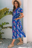 Blue Floral Puff Short Sleeve V Neck High Waist Maxi Dress