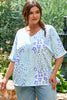 Sky Blue Leopard Print Short Sleeve V Neck Plus Size Top