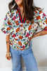 Multicolour Contrasted V Neckline Floral Puff Short Sleeve Blouse