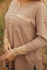 Dark Khaki Color Block Waffle Textured Tunic Henley Top with Slits