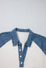 White Textured Color Block Denim Patchwork Polo Collar Tee