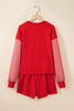 Red Plaid Patchwork Long Sleeve Top Solid Drawstring Shorts Set