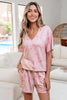 Pink Abstract Print V Neck Loose Tee Drawstring Shorts 2pcs Outfit