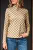 Khaki Check Pattern Turtleneck Ribbed Slim Long Sleeve Tee