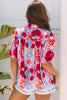 Pink Floral Print Bubble Sleeve Button Up Pleated Shirt