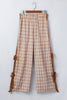 Chestnut Plaid Print Elastic Waist Bow Tie Contrast Detail Jogger Pants