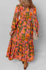 Chestnut Floral Puff Sleeve Smocked Bodice Ruffled Long Dress