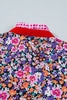 Purple Ditsy Floral Print Plaid Colorblock Trim V Neck Blouse
