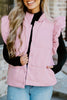 Pink Stand Neck Flutter Sleeve Snap Button Puffer Vest