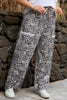 Khaki Plus Size Leopard Print Raw Edge Patch Pocket Drawstring Loose Pants