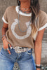 Goat Horse Shoe Pattern Contrast Trim Short Sleeve Sweater