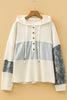 White Waffle Printed Patchwork Drawstring Hooded Long Sleeve Top
