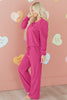 Peach Blossom Half Button Pullover Drawstring Pants Solid Color Corduroy 2pcs Outfit