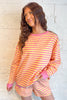 Yellow Stripe Color Block Trim Round Neck Long Sleeve Top Casual Shorts 2pcs Set