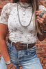 White Mock Neck Short Sleeve Floral Mesh Top