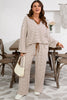 Khaki Stripe Plus Size Collared V Neck Loose Pullover Drawstring Elastic Waist Wide Leg Pant Set
