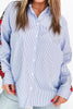 Sky Blue Stripe Contrasted Varsity Stripe Leopard Patchwork Button Down Shirt