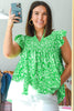 Green Floral Flutter Sleeve Shirred Notched Neck Plus Size Blouse