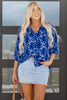 Blue Botanical Print Bracelet Sleeve Notched Neck Blouse