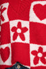 Fiery Red V Neck Flower Heart Detail Checkered Knit Loose Sweater