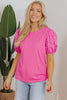 Bright Pink Ribbed Pearl Beaded Puff Sleeve Top