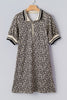 Khaki Leopard Print Zip Neck Striped Webbing Patchwork T Shirt Mini Dress