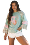 Beige Plaid Floral Peace Heart Graphic Wide Long Sleeve Top