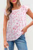 Pink Floral Ruffled Short Sleeve Bow Back Square Neck Blouse
