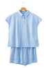 Mist Blue Solid Color Polo Tee Elastic Waist Shorts Plus Size Outfit