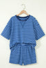 Blue Stripe Striped Ribbed Cotton Two-Piece Short Set with Chest Patch Detail
