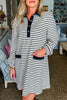 White Stripe Buttoned Front Collared Long Sleeve T Shirt Dress with Pockets