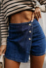 Bluing Asymmetric Wrapped Buttoned High Waist Denim Shorts