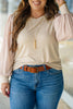 Parchment Polka Dot Long Sleeve Round Neck Plus Size Blouse