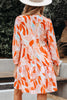 Orange Abstract Print Split Neck Long Sleeve Dress