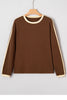 Dark Brown Varsity Striped Accent Contrast Crew Neck Long Sleeve T Shirt