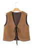 Light French Beige Contrast Trim Tie Front Sherpa Vest