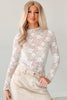 Apricot Pink Sheer Floral Lace Mesh Mock Neck Long Sleeve Top