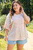 Pink Stripe Waffle Knit Pocketed Half Sleeve Plus Size T Shirt