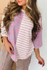 Pink Stripe Colorblock 3/4 Sleeve Loose T Shirt